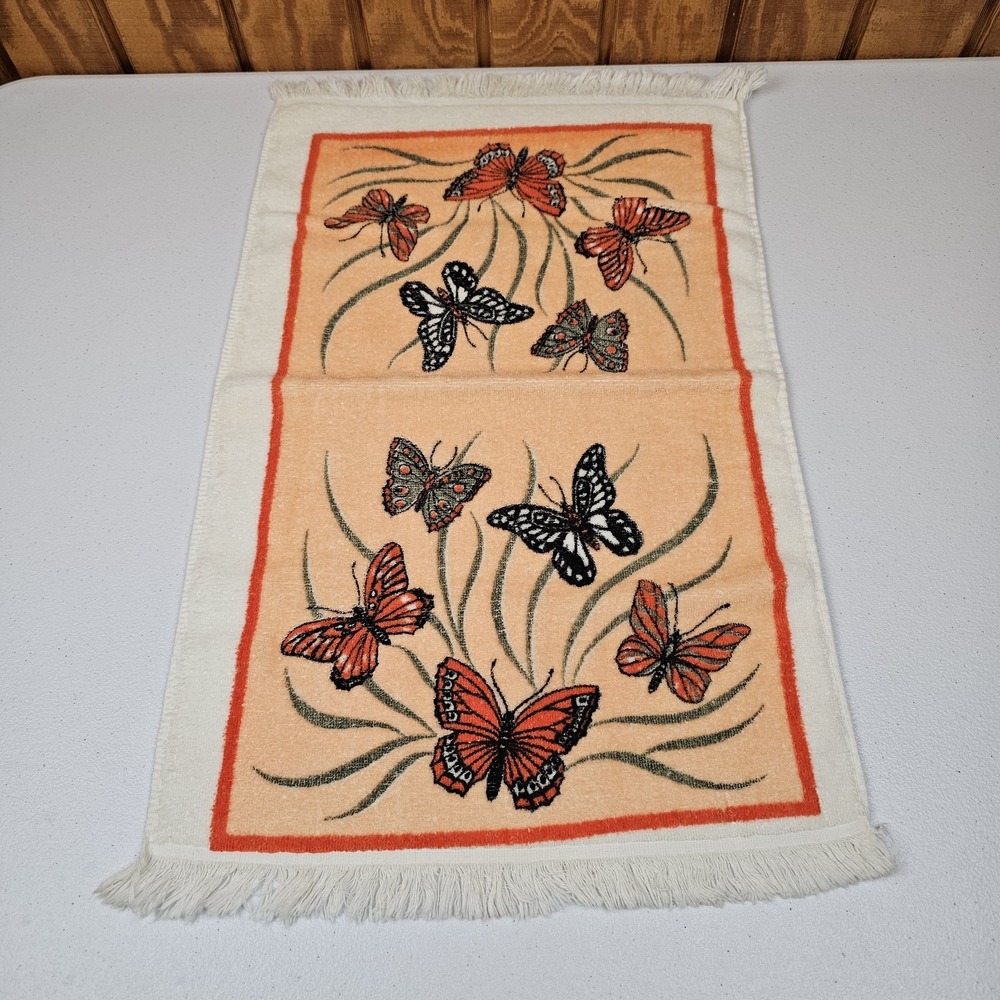 Vintage Cannon Hand Towel Orange Butterflies Fringe 100% Cotton USA MCM Mod
